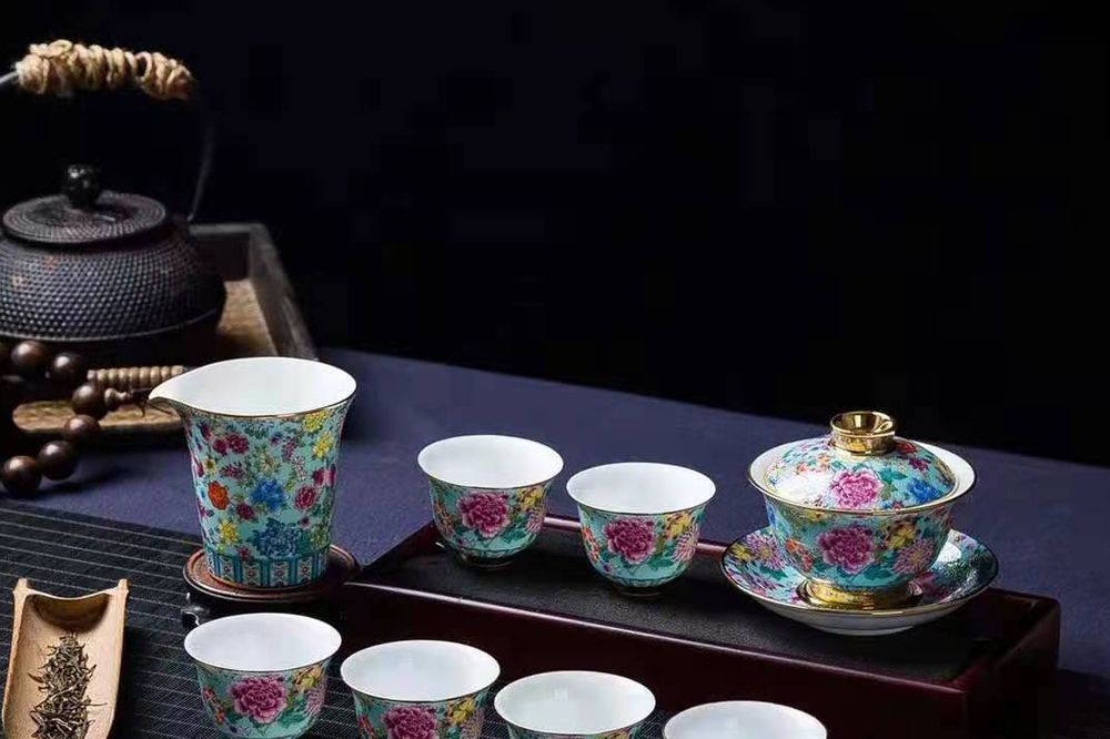 粉彩牡丹茶具套组实拍